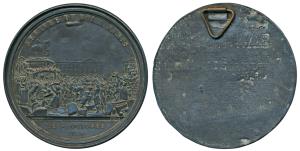 French Medallion, Tin 90.7g, a large crowd welcoming the king with a statue and buildings 