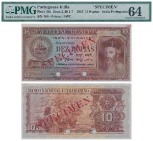 Indo-Portuguese, Dez (10) Rupias, 6th issue, 1945, Banco Nacional Ultramarino with Specime