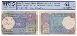 Rupee 1, 1991, signed S. B. Shukla, signed autograph of the Finance Secretary in the water