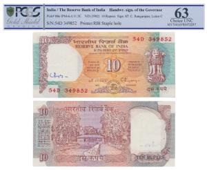 Rupee 10, 1992, signed C. Rangarajan, signed autograph of the Governor in the watermark ar