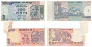 Rupee 10 & Rupees 100, Error, extra piece of paper in the cutting margin on the first; and