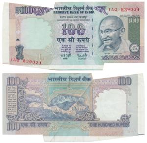 Rupees 100, signed Y. V. Reddy, Error, margin with extra paper on the left and bottom; and