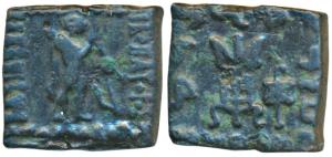Indo-Greeks, Apollodotus I, Copper Square Unit, 4.49g, obv. Apollo standing right holding 