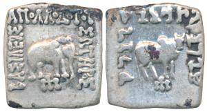 Indo-Greeks, Apollodotus I, Silver Square Drachm, 2.33g, Bilingual series, obv. an Indian 