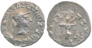 Indo-Greeks, Menander I, Silver Drachm, 2.37g, obv.helmeted bust of the king to right with