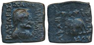 Indo-Greeks, Heliocles II (c. 135-110 BC), Copper Square Drachma, 6.39g, obv. diademed bus