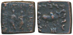Indo-Greeks, Diaomedes (c. 110-80 BC), Copper Square Drachma, 9.18g, obv. dioscuri standin
