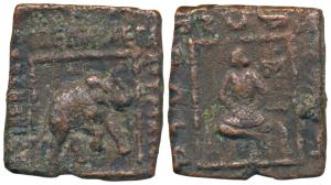 Indo-Scythians, Maues, Copper Square Unit, 9.05g, obv. an elephant walking right holding a