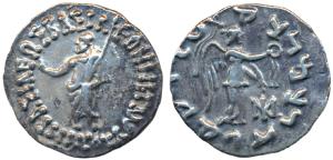 Indo Scythian, Maues, Silver Tetradrachm, 9.32g, obv. Zeus standing left, holding torque i