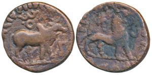 Indo-Scythians, Zeionises s/o Manigula (45-35 BC), Copper Drachm, 8.64g, obv. humped bull 