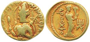 Kushanas, Huvishka, Gold Dinar, 7.52g, obv. nimbate, diademed and crowned bust of the king