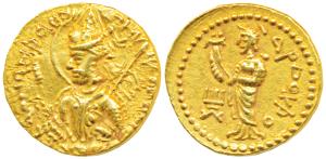 Kushanas, Huvishka, Gold Dinar, 8.06g, obv. nimbate, diademed and crowned bust of the king