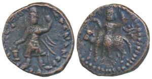 Kushanas, Vasudeva I (c. 195-230 AD), Copper Unit, 9.70g, obv. king nimbate standing left,