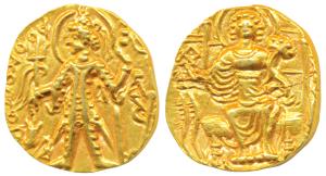 Later Kushanas, Vasudeva II, Gold Dinar, 7.78g, obv. king standing left, holding a trident