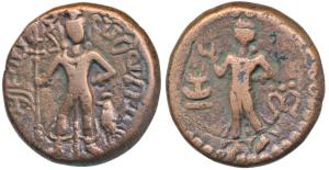 Yaudheyas, tribes of Punjab, Copper Karshapana, 11.10g, obv. Lord Kartikeya with peacock a