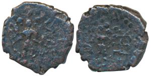 Yaudheyas, Copper Drachma, 2.48g, obv. kartikeya standing facing front, holding spear in r