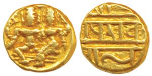 Vijayanagar Empire, Devaraya I (1406-1422 AD), Gold ½ Pagoda, 1.67g, obv. Shiva-Parvati se