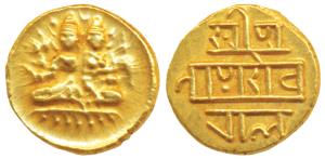 Vijayanagar Empire, Devaraya I, Gold ½ Pagoda, 1.65g, obv. Shiva-Parvati seated, Siva hold