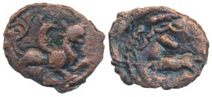 Vijayanagar Empire, Copper Kasu, 3.23g, obv. mythical winged lion to right, rev. a horse l