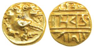 Vijayanagar Empire, Achyuta Deva Raya, Gold ½ Pagoda, 1.64g, obv. Gandabherunda (2-headed 