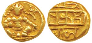 Nayakas of Chitradurga, Gold Durgi Pagoda or Hon, 3.40g, obv. Krishna as Bal Gopala, Nagar