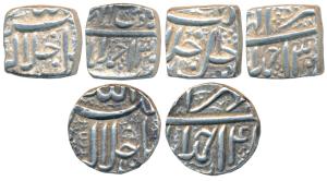 Akbar, Silver Square ½ Rupee (2), Ahmedabad Mint, Ilahi type, Month Ardibihisht, Year 3X; 