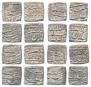 Akbar, Silver Square Rupee (8), Ahmedabad Mint, only few with mint name visible, Kalima ty