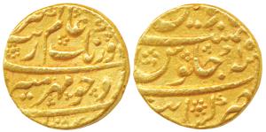 Aurangzeb, Gold Mohur, 11.04g, Khambayat Mint, AH 108X/15, complete mint name at bottom (K