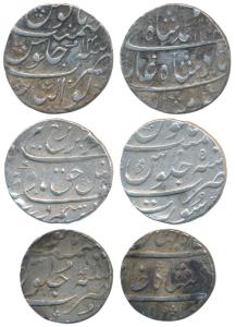 Silver Rupee (3), Farrukhsiyar, Surat Mint, AH 1128/5; Shah Jahan II, Surat Mint, RY Ahd; 