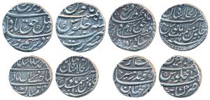 Silver Rupee (4), Aurangzeb, Khambayat Mint, AH 1084/16; Farrukhsiyar, Surat Mint, RY 6; F