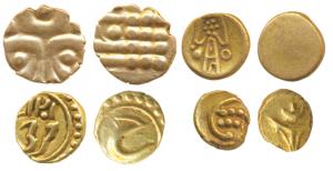 Assorted Lot, Gold Fanam (4), Tipu Sultan, Farukhi Mint, AM 1217, Persian letter ‘He’; Tan