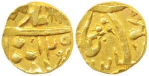 Sayaji Rao II, Gold 1/3 Mohur / Rupees 5, 3.11g, in the name of Muhammad Akbar II, obv. Na
