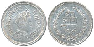 Sayaji Rao III, Silver 2 Annas or 1/8 Rupee, 1.43g, Broad flan, VS 1949 (KM Y33).Very Fine