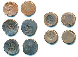 Anonymous coinage, Uniface Copper Paisa (5), 15.11g to 16.05g each, 5 different varieties,