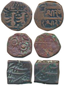 Copper Paisa (3), 8.04g, 9.1g, and 8.92g, obv. two flags facing right, rev. Shri Rampura w