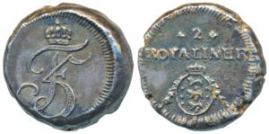 Tranquebar, Frederik V (1746-66 AD), Silver 2 Royaliner, 3.08g, Trial strike, undated, obv