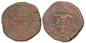 Goa, Miguel, Copper Tanga, 40.49g, overstruck on a 60 Reis coin, obv. crowned arms two imp