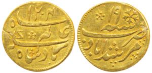 Murshidabad Mint, Gold ¼ Mohur, 3.04g, in the name of Shah Alam II, AH 1204/19, oblique mi