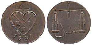 Proof Copper 2 Pice, 10.14g, 1791, bale mark with date below on obv., Scales on rev, obliq