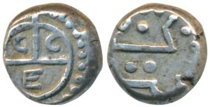 Silver 2 Fanams, 2.16g, obv. bale mark, rev. Angrez Company in Persian, Benkulen, no date,