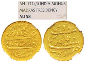 Arkat Mint, Gold Mohur, Madras Mint, in the name of Alamgir II, AH 1172/6, 1817 AD, closed