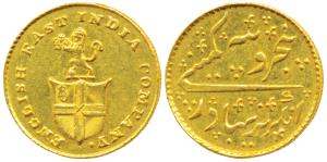 Gold Rupees 5 or 1/3 Mohur, 3.89g, obv. company arms with a lion holding a crown, rev. Per