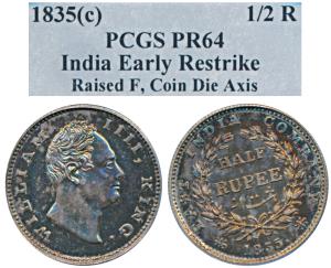William IV, Early Proof Restrike Silver ½ Rupee, 1835, Calcutta Mint, F Raised on truncati