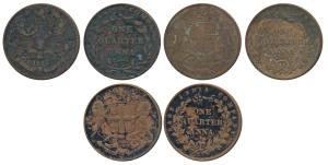 Copper ¼ Anna, 1835, Bombay Mint, 30 Berries (15 L+15 R), large loops to the ribbon bow, s