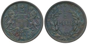 Copper ½ Pice, 1853, Calcutta Mint, (Prid 159). About Uncirculated.