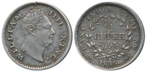 William IV, Silver ¼ Rupee, 1835, Calcutta Mint, Dug out F incuse, Wreath with 18 Berries 