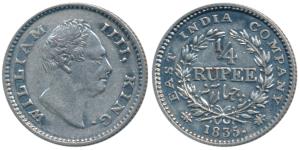 William IV, Silver ¼ Rupee, 1835, Calcutta Mint, F raised, Wreath with 18 Berries (10L+8R)