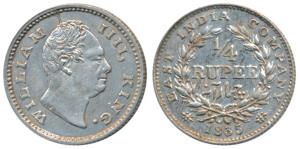 William IV, Silver ¼ Rupee, 1835, Calcutta Mint, Dug out F incuse, Wreath with 19 Berries 