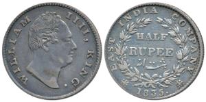 William IV, Silver ½ Rupee, 1835, Calcutta Mint, F incuse, 20 Berries, (Prid 69). Very Fin