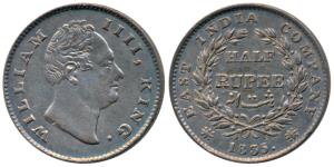 William IV, Silver ½ Rupee, 1835, Calcutta Mint, F incuse, 19 Berries, (Prid 70). About Ex